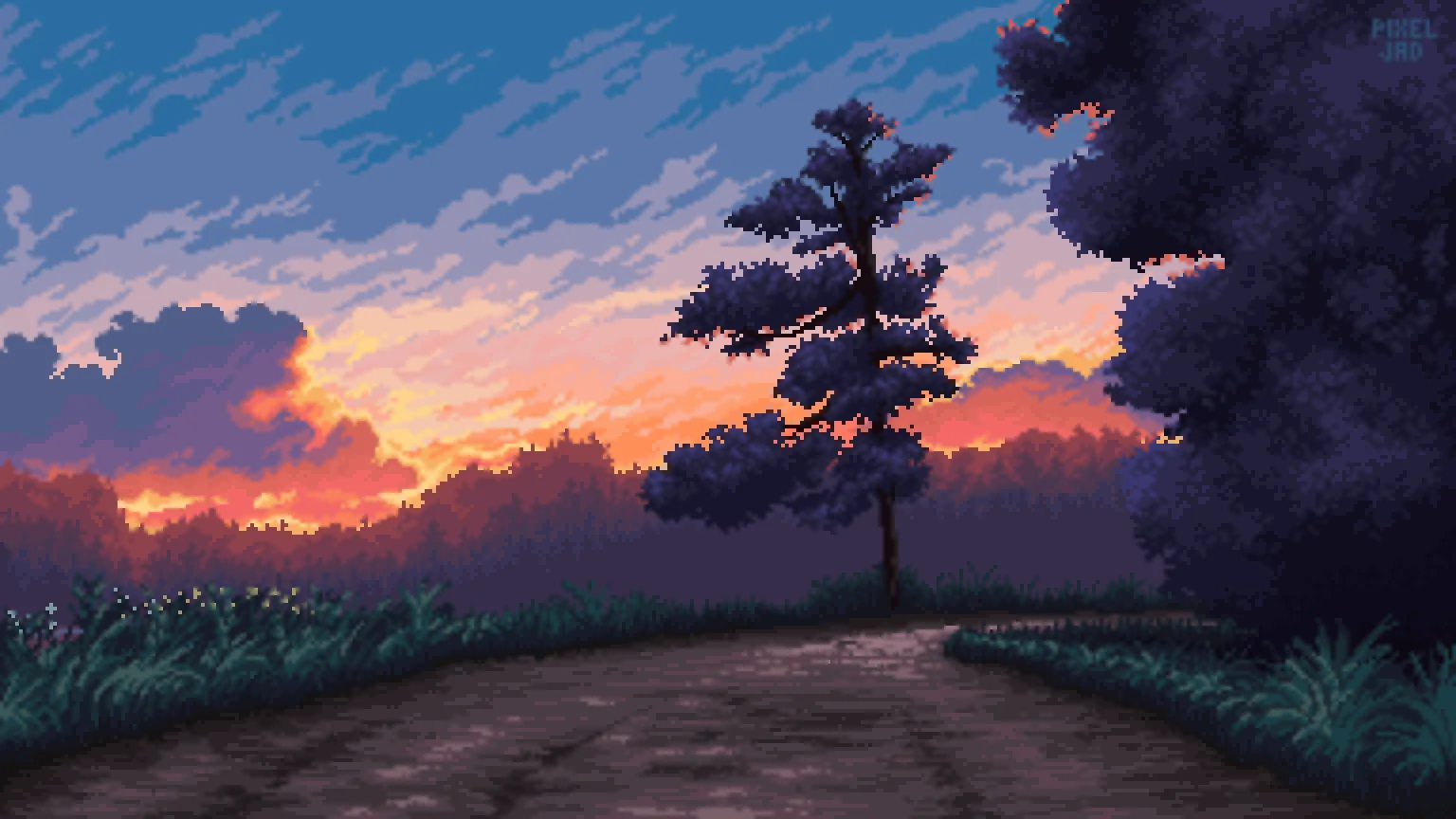 Pixel art sunset landscape by Jadson-Holanda, the visual inspiration for The Abandoned
